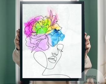 Abstracte vrouw lijnkunstprint: bloemenkroon, aquarelaccenten (digitale download)