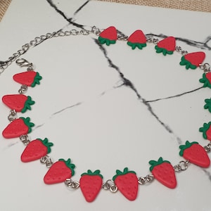 Strawberry Necklace, Summer Fruit Jewelry, Polymer Clay Choker, Handmade Gift Neckband