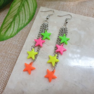 Neon Bright Retro Earrings, Colorful 80s Party Disco Jewelry, Funky Fluorescent Geometric Clay Earring / Hot Pink, Orange, Yellow, Green
