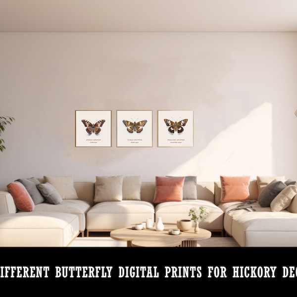 Set of 3 Matching "Hickory" Butterfly Prints to Match Hickory-Toned Decor: Arran Brown, Dingy Skipper, and Mallow Skipper butterflies.