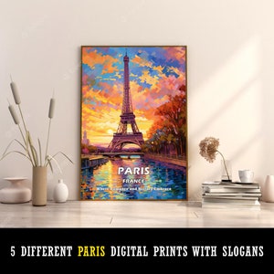 5 Different Captivating Digital Prints featuring Paris, France, each marked with City Name, Country and a Memorable Slogan