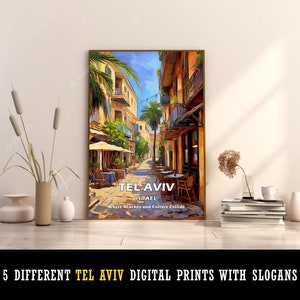 5 Different Captivating Digital Prints featuring Tel Aviv, Israel, each marked with City Name, Country and a Memorable Slogan