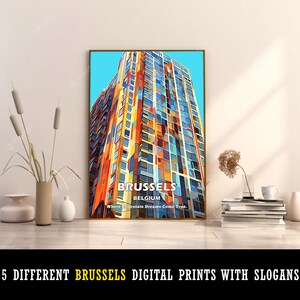 5 Different Captivating Digital Prints featuring Brussels, Belgium, each marked with City Name, Country and a Memorable Slogan