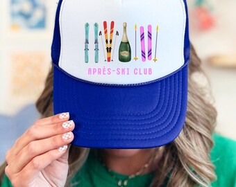 Après-Ski Club Mesh / Trucker Cap in Blue & Pink, Stylish Ski Party Cap for Winter Enthusiasts, Gift for Ski Fans