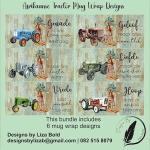 Puede incluir: Seis diseños de envoltura de taza de tractor vintage con un molino de viento y frases inspiradoras en afrikáans. Los diseños incluyen "Genade", "Geloof", "Liefde", "Vrede", "Hoop" y "Maak ons harte warm".