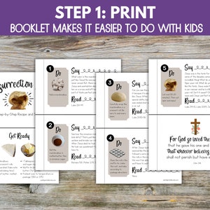 Op de afbeelding: Een printbaar boekje met instructies voor een stap-voor-stap recept voor Resurrection Rolls. Het boekje bevat instructies voor elke stap, samen met een bijbelvers om te lezen. Het boekje is ontworpen om te gebruiken met kinderen.