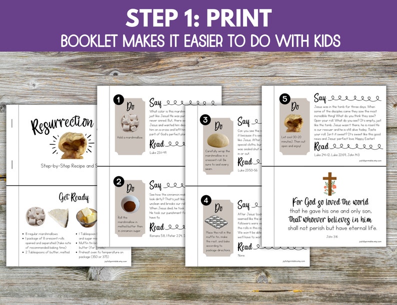 Op de afbeelding: Een printbaar boekje met instructies voor een stap-voor-stap recept voor Resurrection Rolls. Het boekje bevat instructies voor elke stap, samen met een bijbelvers om te lezen. Het boekje is ontworpen om te gebruiken met kinderen.