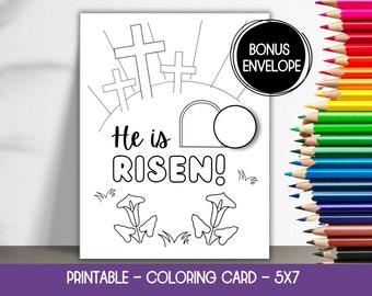 He Is Risen Card, Christian Easter Card Printable, Printable Easter Coloring Card, Easter Card for Kids to Make, Resurrection Cards