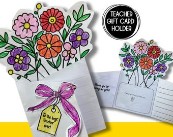 Teacher Gift Card Holder Printable, Teacher Coloring Card, Teacher Appreciation Card Printable, Teacher Bouquet Card Holder, Thank You Card