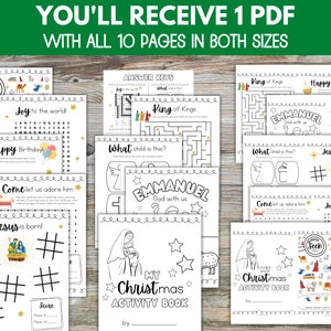 May include: A printable Christmas activity book with 10 pages of activities for kids. The book includes a variety of activities, such as word searches, mazes, and coloring pages. The book is decorated with a festive Christmas theme.
