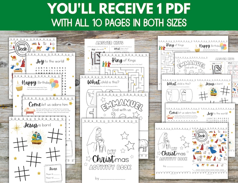 May include: A printable Christmas activity book with 10 pages of activities for kids. The book includes a variety of activities, such as word searches, mazes, and coloring pages. The book is decorated with a festive Christmas theme.