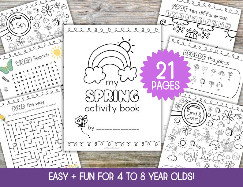 May include: A black and white activity book with a rainbow and the words "my spring activity book" on the cover. The book has 21 pages and is designed for children ages 4 to 8.