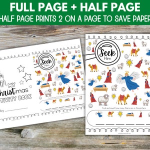 May include: A black and white printable Christmas activity book with a cover featuring a drawing of Mary holding baby Jesus. The book includes a "Seek Him" page with a hidden picture activity.