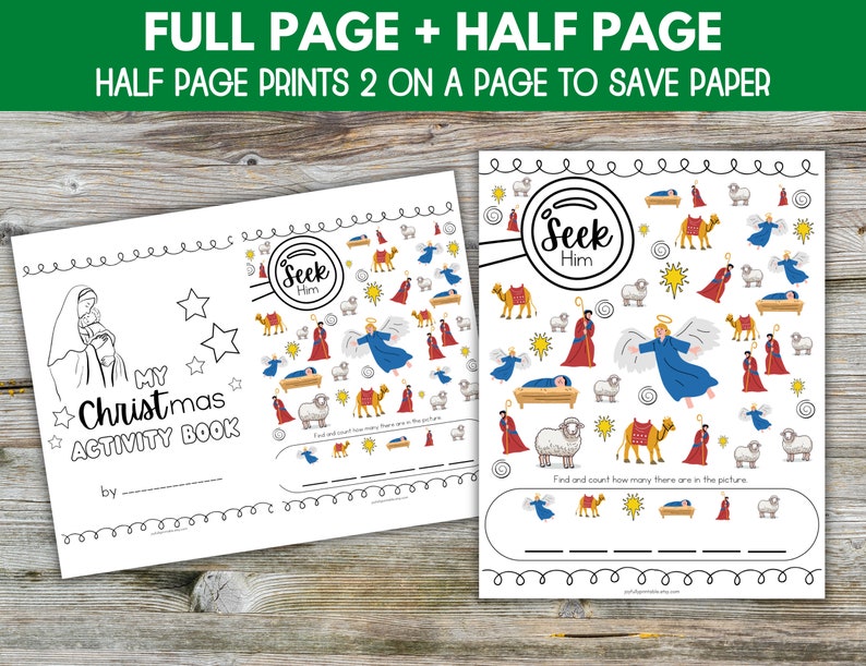 May include: A black and white printable Christmas activity book with a cover featuring a drawing of Mary holding baby Jesus. The book includes a "Seek Him" page with a hidden picture activity.