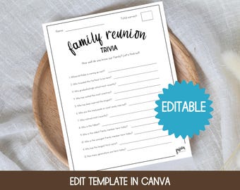 Family Trivia Game, Editable Template, Family Reunion Games, Family Reunion Trivia, Icebreaker Games, Get To Know You Game, Games for Adults