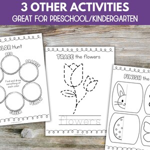 May include: Three printable worksheets for preschool or kindergarten. The first worksheet is a color hunt activity with circles for drawing objects of different colors. The second worksheet is a tracing activity with a flower. The third worksheet is a finish the picture activity with four images to complete.
