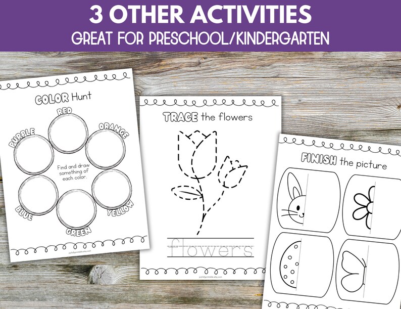 May include: Three printable worksheets for preschool or kindergarten. The first worksheet is a color hunt activity with circles for drawing objects of different colors. The second worksheet is a tracing activity with a flower. The third worksheet is a finish the picture activity with four images to complete.