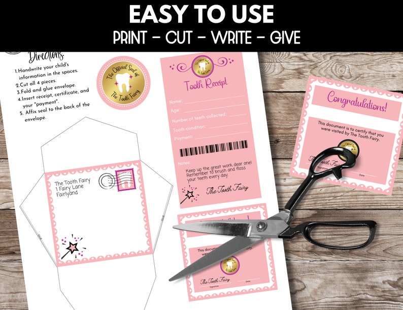 Pode incluir: Kit de fada do dente imprim&iacute;vel com um envelope rosa, um recibo de dente, um certificado e um selo. O kit inclui instru&ccedil;&otilde;es de uso e uma nota da fada do dente.