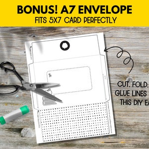 Pu&ograve; includere: Modello di busta A7 stampabile con linee di taglio, piegatura e incollaggio. La busta &egrave; progettata per adattarsi a una carta di 5x7 e presenta un motivo a pois bianco e nero e un'illustrazione di libro e mela.