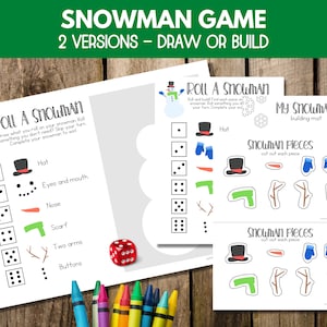 Roll A Snowman Game Printable, Build A Snowman, Preschool Class Party Game, Kindergarten Christmas Game
