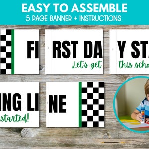May include: A five-page banner with a checkered black and white pattern and green accents. The banner includes the text "First Day", "Let's get", "Star", "This school year", "Starting Line", and "We are started!"
