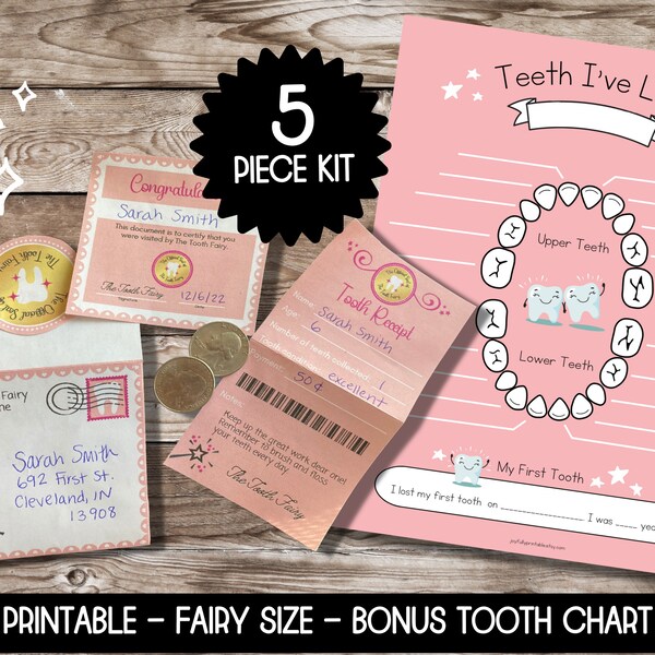 Rosa Zahnfee Brief druckbare Kit, Baby Zähne Diagramm, Zahnfee Brief Mädchen Mini Umschlag, Zahnfee Quittung, druckbare Zahnfee