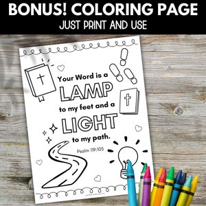 May include: A black and white coloring page with a bible, a light bulb, a road, and the text "Your Word is a LAMP to my feet and a LIGHT to my path. Psalm 119:105".