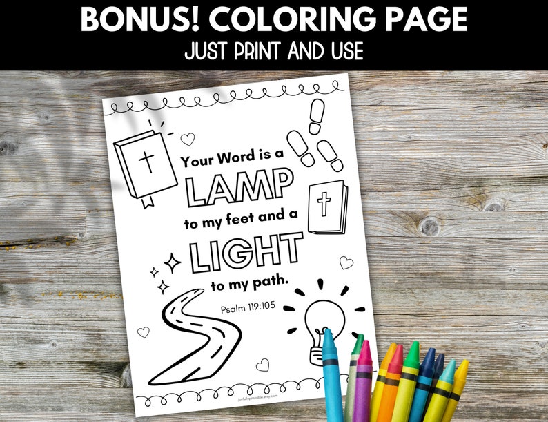 May include: A black and white coloring page with a bible, a light bulb, a road, and the text "Your Word is a LAMP to my feet and a LIGHT to my path. Psalm 119:105".