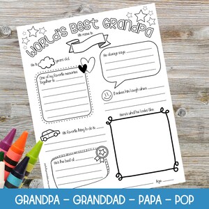 Könnte beinhalten: Ein ausdruckbares Arbeitsblatt für Kinder, um es über ihren Opa auszufüllen. Das Arbeitsblatt hat einen Titel, der "World's Best Grandpa" lautet und enthält Aufforderungen wie "Sein Name ist", "Er ist ___ Jahre alt", "Er sagt immer", "Eine meiner Lieblingserinnerungen zusammen ist", "Seine Lieblingsbeschäftigung ist", "Er ist der Beste in", "Es bringt ihn zum Lachen, wenn", "So sieht er aus", und "Alter".