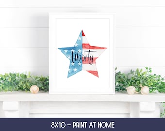 Printable Patriotic Wall Art, Liberty, Watercolor Flag, Fourth of July Decor, 4th of July Signs, July 4th Decorations