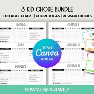 3 Kid Chore Chart, Editable Chore Chart, Fridge Chore Chart, Chore Chart for Teens, Reward System, Kids Reward Bucks, Reward Dollars
