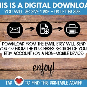 Puede incluir: Un gr&aacute;fico de instrucciones de descarga digital con el texto THIS IS A DIGITAL DOWNLOAD, YOU WILL RECEIVE 1 PDF - US LETTER SIZE, instrucciones de descarga, la palabra enjoy y un icono de coraz&oacute;n sobre un fondo de madera.
