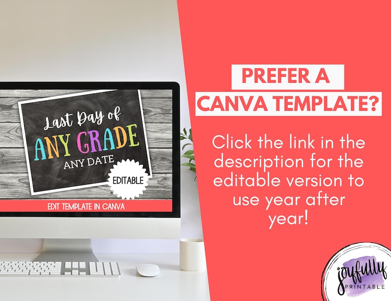 May include: A computer monitor displays a digital sign with the text Last Day of ANY GRADE ANY DATE on a chalkboard background. The screen includes an editable tag and a red bar at the bottom. The right side features text about a Canva template.