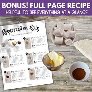 Op de afbeelding: Een printbare receptenkaart voor Resurrection Rolls, een traditionele paaslekkernij. De kaart bevat een stapsgewijze handleiding met instructies en bijbelverzen. De afbeelding toont ook de benodigde ingredi&euml;nten, waaronder marshmallows, boter, kaneel en een croissant.