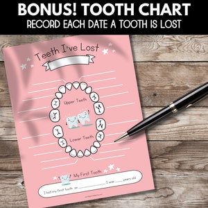 Pode incluir: Um gr&aacute;fico dental imprim&iacute;vel rosa com uma imagem de desenho animado de dentes e o texto "Teeth I've Lost". O gr&aacute;fico tem espa&ccedil;os para registrar a data em que cada dente &eacute; perdido e a idade da crian&ccedil;a quando perdeu seu primeiro dente.