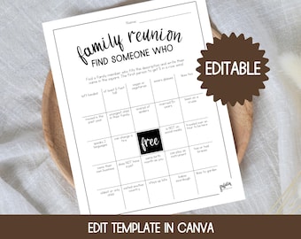 Family Reunion Games, Find Someone Who, Editable Template, Family Reunion Bingo, Printable Family Reunion Template, Icebreaker Games
