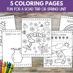 May include: Five black and white coloring pages featuring spring themes. The pages include a rainbow, a butterfly, a vase, a bear, and a sun. The text on the pages reads "Color a rainbow", "Draw your own", "My Spring Activity", "Spring", and "Color by number".