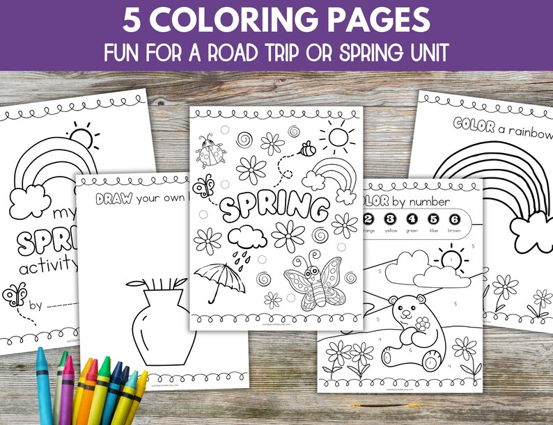 May include: Five black and white coloring pages featuring spring themes. The pages include a rainbow, a butterfly, a vase, a bear, and a sun. The text on the pages reads "Color a rainbow", "Draw your own", "My Spring Activity", "Spring", and "Color by number".