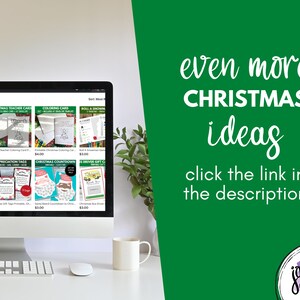 May include: A computer screen displaying a variety of printable Christmas activities, including a teacher card, coloring pages, and a countdown calendar. The text "even more CHRISTMAS ideas click the link in the description" is displayed on a green background.