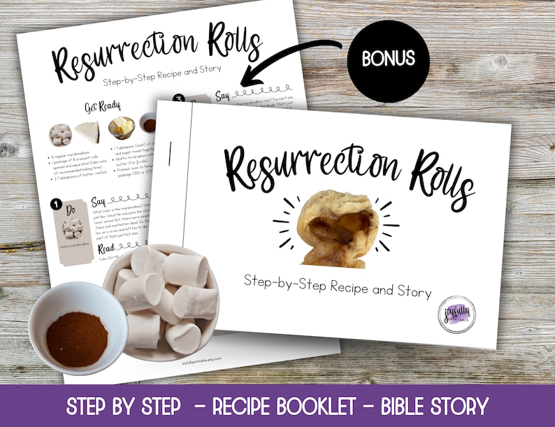 Op de afbeelding: Een printbaar receptenboekje voor Resurrection Rolls, een leuke en leerzame activiteit voor Pasen. Het boekje bevat een stap-voor-stap recept en een bijbelverhaal.