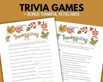 Pode incluir: Dois cartões de jogo de trivia de Ação de Graças imprimíveis com folhas de outono e um design festivo. O primeiro cartão é intitulado "Thanksgiving Trivia" e inclui 10 perguntas. O segundo cartão é intitulado "Thanksgiving Fact or Fiction" e inclui 10 afirmações para determinar se são verdadeiras ou falsas.