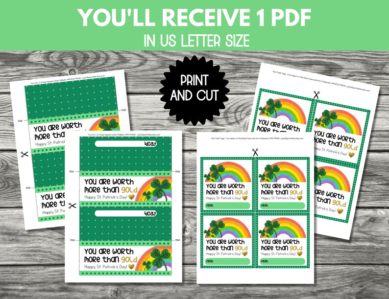 May include: Printable St. Patrick's Day gift tags with a rainbow and shamrock design. The tags say "You are worth more than gold" and "Happy St. Patrick's Day".