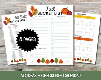 Puede incluir: Lista de deseos de otoño imprimible con 50 ideas, una lista de verificación y un calendario de septiembre y octubre. La lista de verificación se divide en secciones "¡Quédate en casa!" y "¡Salgamos!" El calendario tiene un esquema de color amarillo y naranja.