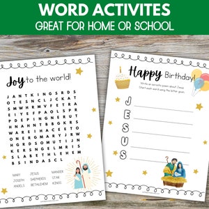 May include: Two printable Christmas activity sheets. The first sheet has a word search puzzle with the words "Joy to the world!" and a picture of Mary, Joseph, and the baby Jesus. The second sheet has an acrostic poem activity with the word "Happy Birthday!" and a picture of the Holy Family.