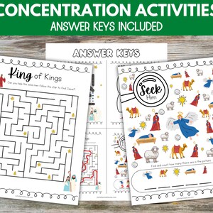 May include: A printable set of Christmas-themed concentration activities for kids. The set includes a maze titled "King of Kings" and a "Seek Him" I Spy game with a hidden nativity scene.
