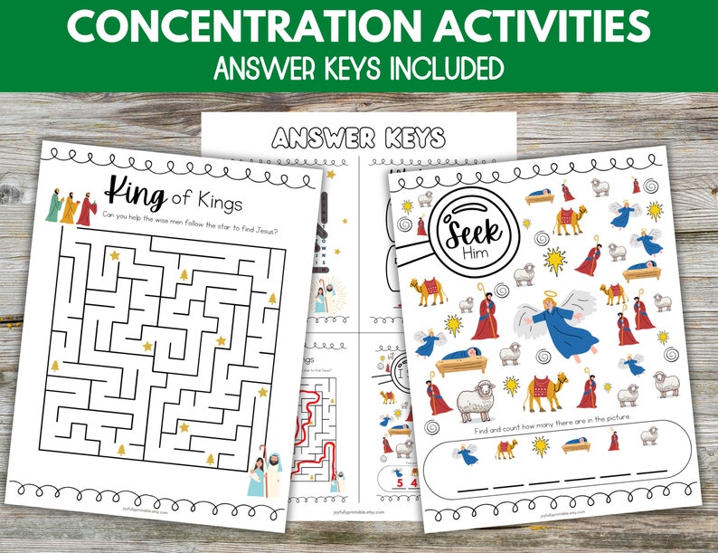 May include: A printable set of Christmas-themed concentration activities for kids. The set includes a maze titled "King of Kings" and a "Seek Him" I Spy game with a hidden nativity scene.