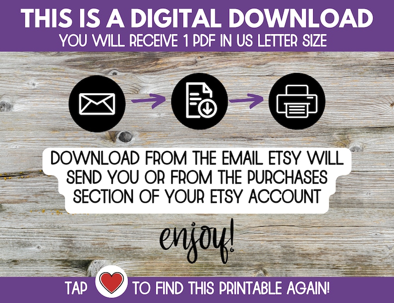 Op de afbeelding: Een digitale download-afbeelding met instructies over hoe je een printbaar PDF-bestand kunt downloaden. De afbeelding toont een reeks pictogrammen: een e-mail, een document met een downloadpijl en een printer. De tekst luidt: "Dit is een digitale download. Je ontvangt 1 PDF in US letter formaat. Download het bestand vanuit de e-mail die Etsy je stuurt of vanuit het aankoopgedeelte van je Etsy-account. Geniet ervan! Tik om deze printbare weer te vinden!"
