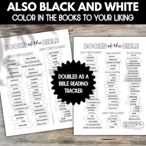 May include: Black and white printable Bible reading tracker with the words "Books of the Bible" and "Doubles as a Bible Reading Tracker". The printable includes a list of all the books in the Old and New Testaments.
