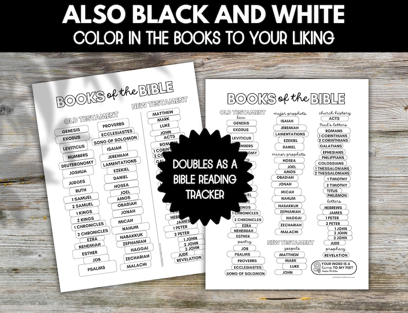May include: Black and white printable Bible reading tracker with the words "Books of the Bible" and "Doubles as a Bible Reading Tracker". The printable includes a list of all the books in the Old and New Testaments.