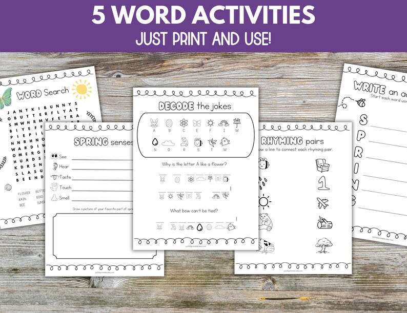 May include: Five printable worksheets for kids to practice spring-themed vocabulary. The worksheets include a word search, a decode the jokes activity, a rhyming pairs activity, a spring senses activity, and a write a word activity. Each worksheet features black and white illustrations.